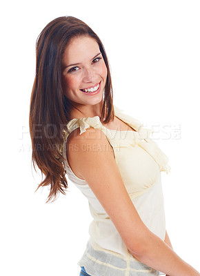 Buy stock photo Fashion portrait, happy and studio woman with casual outfit, trendy style or smile for chic fashionable apparel. Clothes, happiness or stylish female model isolated on white background