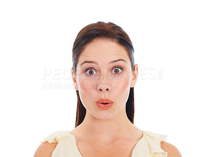 Buy stock photo Face portrait, surprise and woman amazed over discount sales, winning announcement or victory news. Emoji expression, retail promotion wow or studio model, girl or person isolated on white background