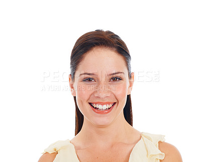 Buy stock photo Beauty portrait, happy and studio woman with smile for natural makeup, facial cosmetics or skincare glow. Oral dental care, teeth whitening and face of female person isolated on white background