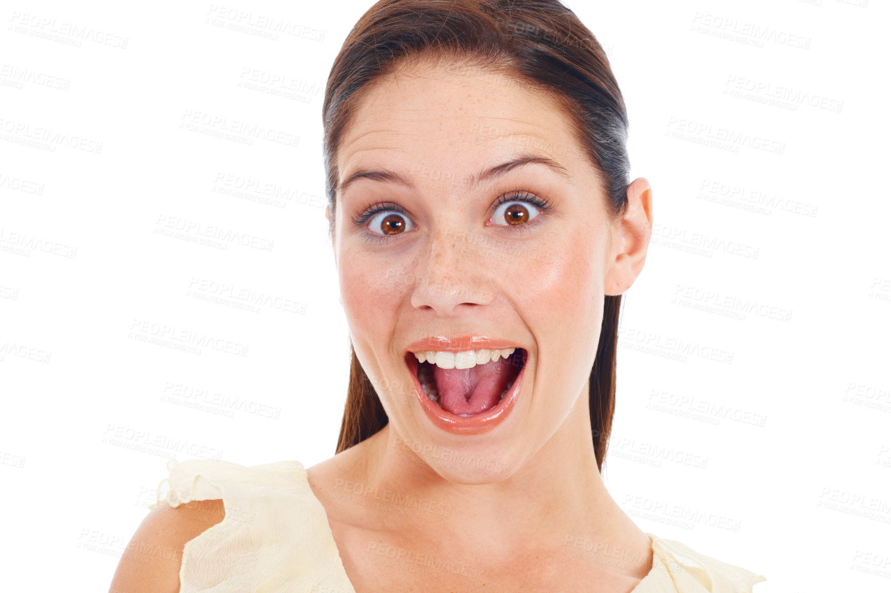 Buy stock photo Surprise, happiness or woman excited for portrait news, studio sales discount or prize giveaway. Competition winner, celebration and face of person shout for winning notification on white background