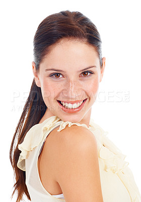 Buy stock photo Happiness, smile and face portrait of happy woman, female model or girl with positive profile picture, joy and cheerful. Studio satisfaction, wellness and young person isolated on white background