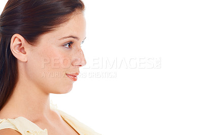 Buy stock photo Face profile, satisfaction and mockup woman with studio copy space, brand logo design or promotion information. Retail commercial, discount sales info and relax person on mock up white background 