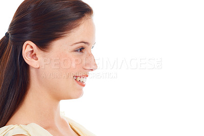 Buy stock photo Face profile, smile and happy woman with mockup copy space, brand logo satisfaction or discount sales announcement. Studio commercial, happiness and female model smile on mock up white background 