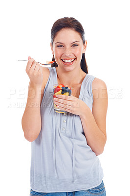 Buy stock photo Laughing woman, portrait or fruit salad glass for weight loss, health diet or body detox for wellness lifestyle. Vegan healthcare, nutritionist food or studio girl eating isolated on white background