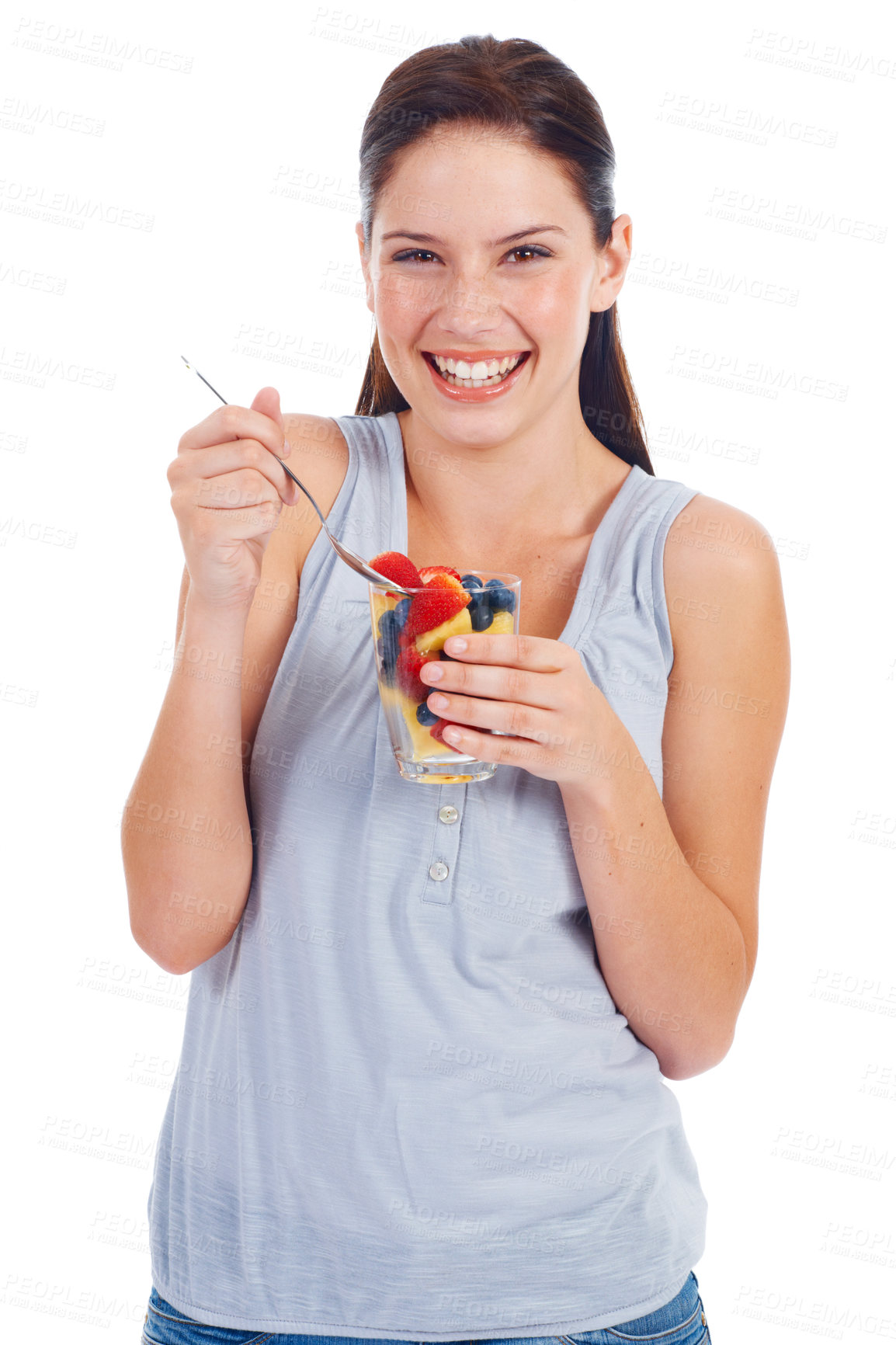 Buy stock photo Health portrait, happy woman or fruit salad glass for weight loss, vegan diet or fruit detox for wellness lifestyle. healthcare, nutritionist food or studio girl eating isolated on white background