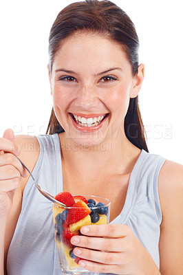 Buy stock photo Happy portrait, woman or fruit salad mix for body weight loss, vegan diet or healthcare detox for wellness lifestyle. Food glass, nutritionist face or studio model eating isolated on white background