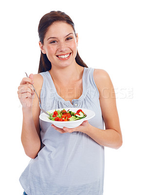 Buy stock photo Portrait smile, studio woman and salad for weight loss diet, vegan healthcare or vegetables for wellness lifestyle. Food bowl, nutritionist face and health model eating isolated on white background