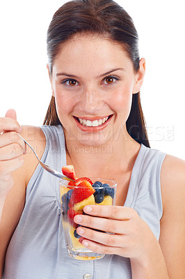 Buy stock photo Portrait smile, woman or fruit salad for body weight loss, vegan diet or healthcare detox for wellness lifestyle. Food glass, nutritionist face or studio model eating isolated on white background