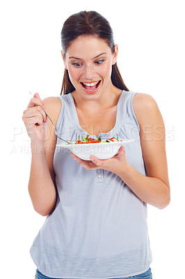 Buy stock photo Happy woman, studio surprise and wow salad for weight loss diet, vegan healthcare or vegetables for wellness lifestyle. Food bowl, nutritionist and health model eating isolated on white background