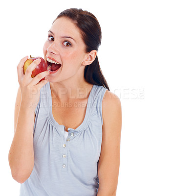 Buy stock photo Eating apple, portrait and health woman with fruit product to lose weight, diet or body detox for wellness lifestyle. Studio healthcare, nutritionist food and vegan girl isolated on white background