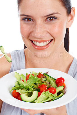 Buy stock photo Happy woman, studio face portrait and salad for weight loss diet, vegan health or vegetables for wellness lifestyle. Food bowl, nutritionist girl and closeup model eating isolated on white background