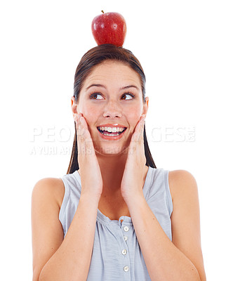 Buy stock photo Head balance, face and happy woman with apple fruit product to lose weight, diet or detox for wellness lifestyle. Vegan health, natural nutritionist food or female person isolated on white background