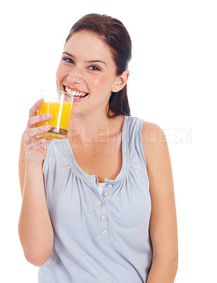 Buy stock photo Orange juice, studio portrait and happy woman with drink glass for hydration, liquid detox or natural weight loss. Healthcare wellness, nutritionist beverage and model isolated on white background