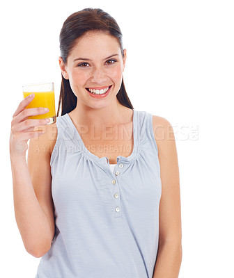 Buy stock photo Orange juice, studio portrait and woman with drink glass for body hydration, liquid detox or natural weight loss. Wellness smile, nutritionist beverage and female person isolated on white background