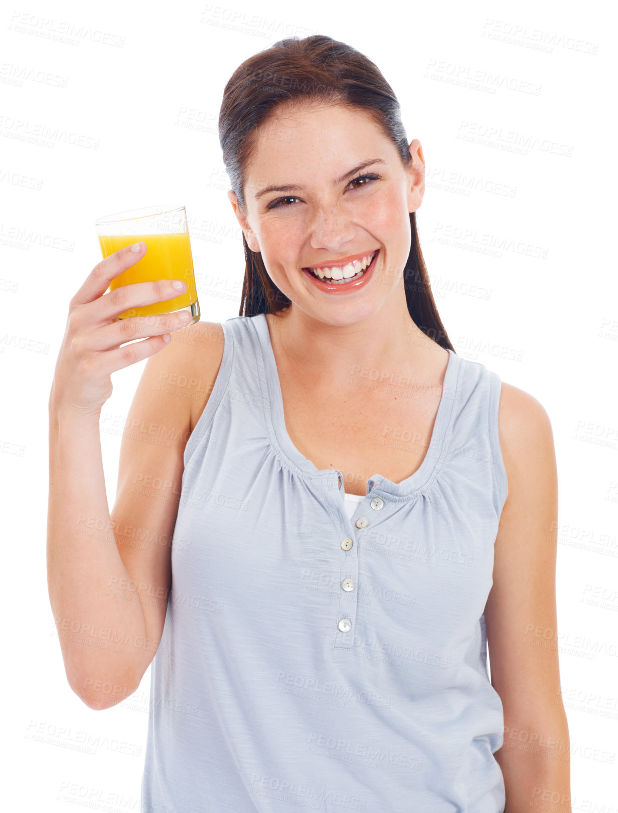 Buy stock photo Orange juice, happy portrait and studio woman with drink glass for hydration, liquid detox or natural weight loss. Healthcare wellness, nutritionist beverage and model isolated on white background