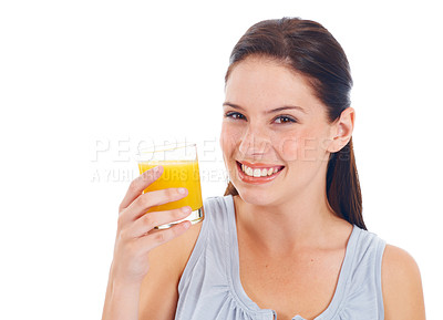 Buy stock photo Orange juice, portrait and studio woman with glass drink for hydration, liquid detox or natural weight loss. Nutritionist wellness, vitamin c and happy female person isolated on white background