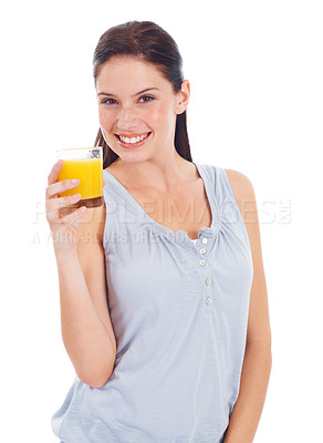 Buy stock photo Orange juice, studio portrait and happy woman with glass drink for hydration, liquid detox or natural weight loss. Healthcare wellness, nutritionist beverage and model isolated on white background