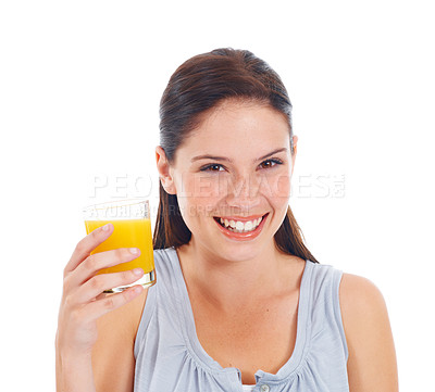 Buy stock photo Orange juice, portrait smile and woman with glass drink for hydration, liquid detox or natural weight loss. Healthcare wellness, nutritionist beverage and studio model isolated on white background