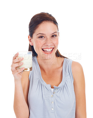 Buy stock photo Portrait, laughing woman and glass of milk for vitamin D healthcare benefits, bone health or nutritionist hydration drink. Calcium dairy product, wellness or studio model isolated on white background