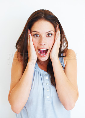 Buy stock photo Portrait, surprise and shocked woman in studio isolated on a white background. Wow, omg and face of female person with surprised expression, emoji and unexpected news, announcement or secret gossip.