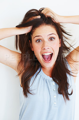 Buy stock photo Portrait, surprise and woman touching her hair in studio isolated on a white background. Wow, omg and face of female person with surprised expression, emoji and good news, announcement and shocked.