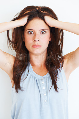 Buy stock photo Portrait, shocked and woman touching her hair in studio isolated on a white background. Wow, omg and face of female person with surprised expression, emoji and unexpected news, announcement and wtf.