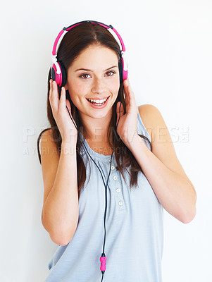 Buy stock photo Music headphones, portrait and happy woman listening to fun girl song, wellness audio podcast or radio sound. Studio smile, freedom and gen z model streaming edm playlist isolated on white background