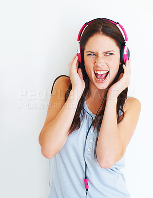 Buy stock photo Music headphones, singer and woman listening to fun girl song, wellness audio podcast or radio sound. Crazy studio singer, excited energy and singing model streaming edm isolated on white background