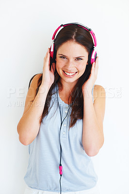 Buy stock photo Music headphones, happiness and woman portrait listening to girl song, wellness audio podcast or radio sound. Happy studio smile, freedom and model streaming edm playlist isolated on white background