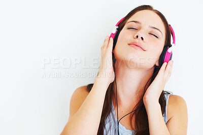 Buy stock photo Music headphones, wellness and woman listening to calm song, relax audio podcast or radio sound. Studio mockup, freedom peace and model streaming mental health playlist isolated on white background