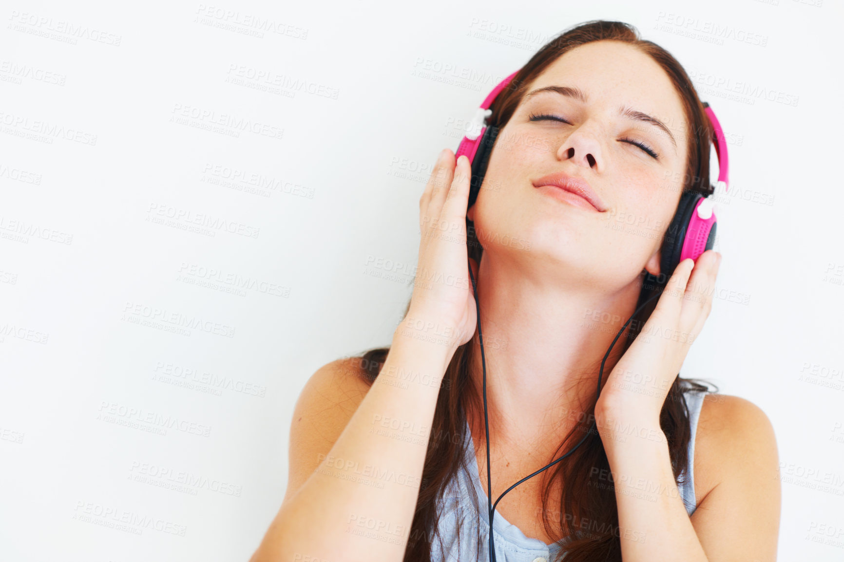 Buy stock photo Music headphones, wellness and woman listening to calm song, relax audio podcast or radio sound. Studio mockup, freedom peace and model streaming mental health playlist isolated on white background