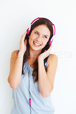 Buy stock photo Music headphones, fun and happy woman listening to pop girl song, wellness audio podcast or radio sound. Studio smile, youth freedom or gen z model streaming edm playlist isolated on white background