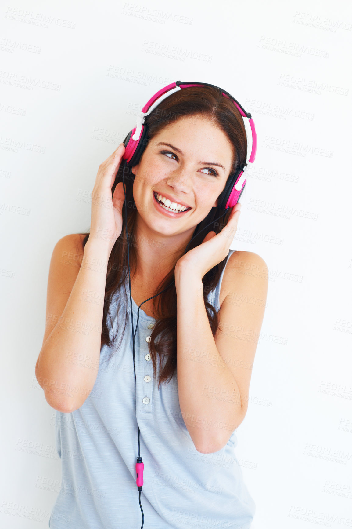 Buy stock photo Music headphones, fun and happy woman listening to pop girl song, wellness audio podcast or radio sound. Studio smile, youth freedom or gen z model streaming edm playlist isolated on white background