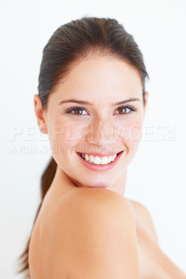 Buy stock photo Woman, face and beauty in studio with natural skincare, grooming and clean cosmetics isolated on white background. Portrait, skin wellness and girl or happy model relax after treatment and pamper