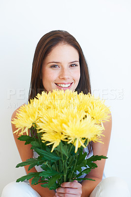 Buy stock photo Flower bouquet, face portrait and happy woman with floral studio product, sustainable gift or yellow present. Nature growth, spring beauty and eco friendly model girl isolated on white background