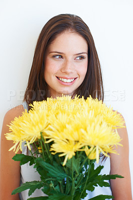 Buy stock photo Flower bouquet, face smile or studio woman with floral product, sustainable gift or yellow spring present. Nature growth, happy organic beauty and eco friendly model girl isolated on white background