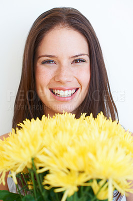 Buy stock photo Happy, flowers and smile with portrait of woman for spring, beauty and celebration gift. Present, summer and blossom with face of girl and bouquet isolated on white background for plant and season