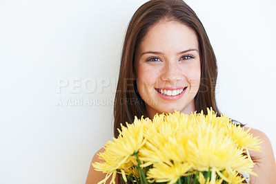 Buy stock photo Flower bouquet, portrait and happy studio woman with floral product, sustainable gift or yellow spring present. Mockup face, advertising space and eco friendly model girl isolated on white background
