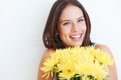 Buy stock photo Happy, smile and flowers with portrait of woman and mockup for spring, celebration and gift. Floral, summer and beauty with girl and bouquet isolated on white background for date, present and event
