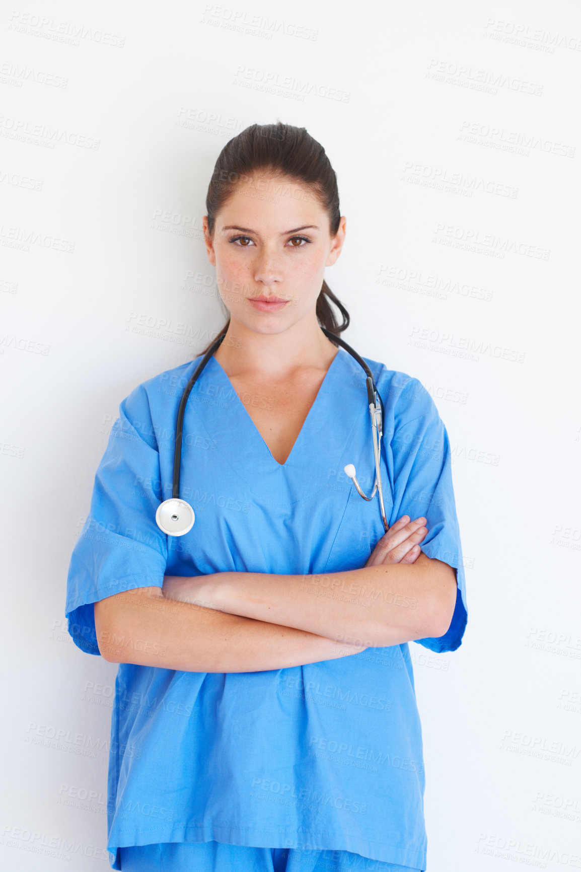 Buy stock photo Portrait, woman and doctor with arms crossed standing isolated against a white studio background. Confident female medical professional, expert or nurse with stethoscope for healthcare or profile