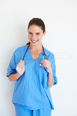 Buy stock photo Medical portrait, stethoscope and nurse happy for nursing career, studio healthcare or cardiology health. Medicine doctor, caregiver woman or hospital surgeon with smile isolated on white background