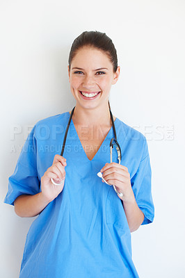 Buy stock photo A smiling young woman on white - copyspace