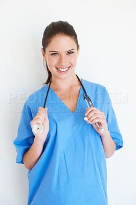 Buy stock photo Happy portrait, stethoscope and nurse smile for nursing studio, wellness service or cardiology healthcare support. Medicine doctor, caregiver woman or hospital surgeon isolated on white background
