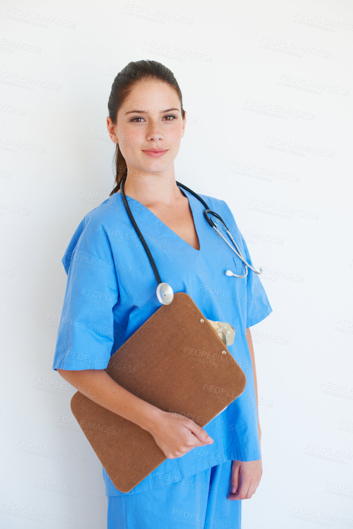 Buy stock photo Studio portrait, smile and nurse with clipboard checklist for nursing, medical healthcare or cardiology health. Medicine doctor, caregiver woman or happy hospital surgeon isolated on white background