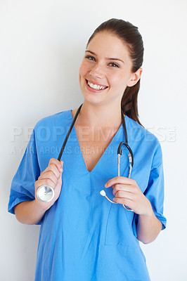 Buy stock photo Health portrait, stethoscope and nurse happy for nursing career, medical healthcare or cardiology studio. Medicine doctor, caregiver woman or hospital surgeon with smile isolated on white background