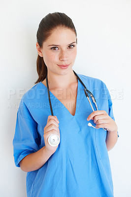 Buy stock photo Health portrait, stethoscope and studio caregiver ready for nursing career, medical healthcare or cardiology. Medicine doctor, nurse woman or hospital nurse with smile isolated on white background