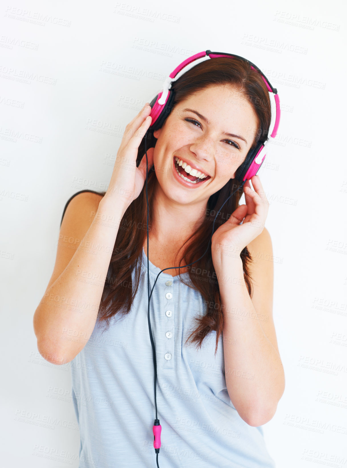 Buy stock photo Music headphones, smile and woman portrait listening to fun girl song, wellness audio podcast or radio sound. Happy, studio freedom and gen z model streaming edm playlist isolated on white background