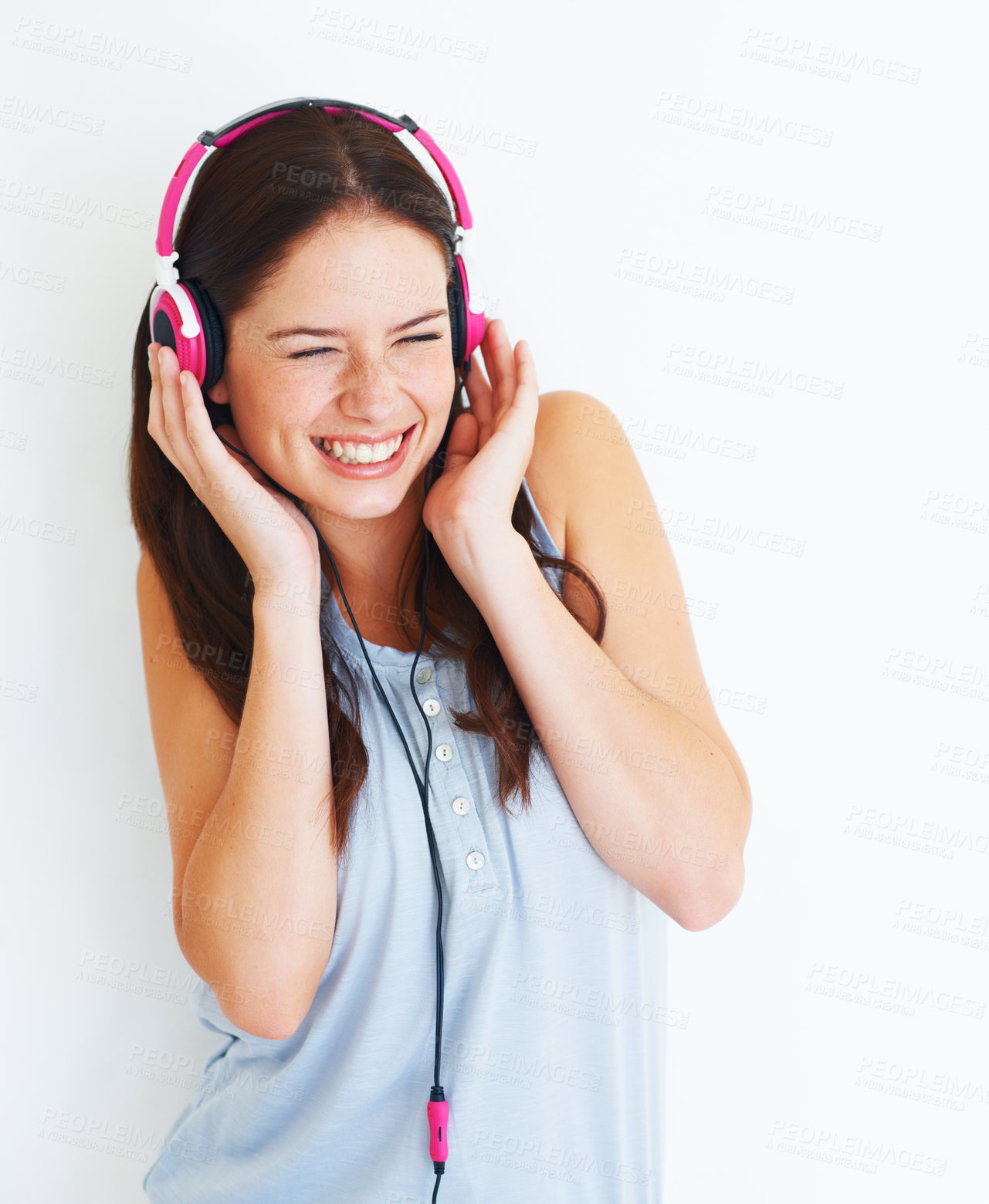 Buy stock photo Music headphones, loud and happy woman listening to fun girl song, wellness audio podcast or radio sound. Happiness, studio freedom and gen z model streaming edm playlist isolated on white background