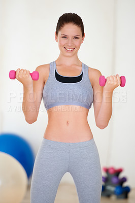 Buy stock photo Woman, confident or portrait with dumbbells in gym, health wellness or fitness for weight loss with exercise. Young person, pride or face with hand weights for muscle training results or strong body
