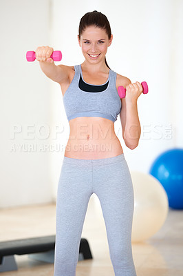 Buy stock photo Woman, arm exercise or portrait with dumbbells in studio, wellness or fitness for weight loss with confident. Young person, happy and face with workout for muscle training and healthy body in gym
